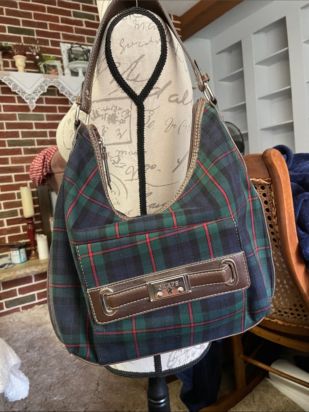Chaps Green and Navy Plaid Shoulder Bag with Brown Trim